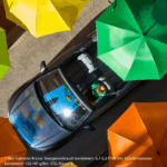 VW T-Roc Cabrio mit offenem Dach unter Sonnenschirmen