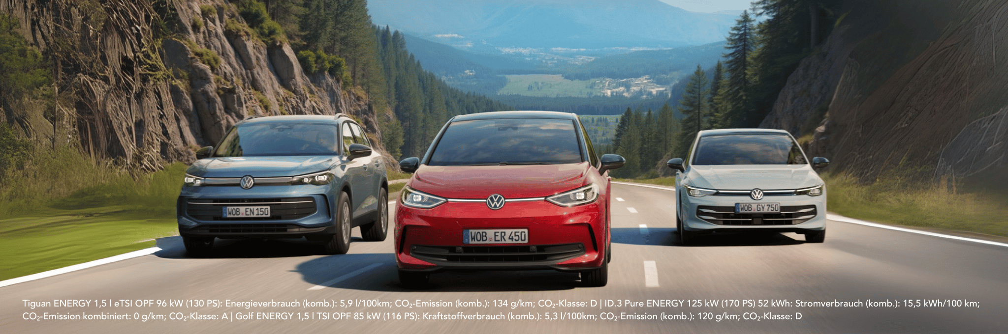VW Tiguan, ID.3 und Golf fahrend
